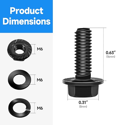 (10Sets) M6 Bolt x 16mm Flanged Hex Head Bolts, External Flange Hex Drive M6 Screws, Class 10.9 Black Zinc Plated Alloy Steel Metric M6x1.0 Bolts Kit - color: Black-M6, size: 16mm