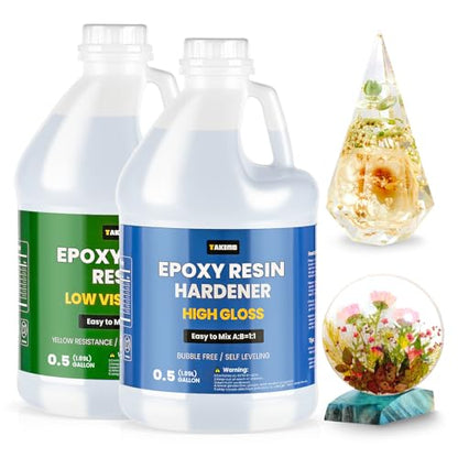 TAKIMO 1 Gallon Crystal Clear Epoxy Resin Kit, Bubble Free Self-Leveling Resin for Art, Crafts, Coating & DIY Projects, High Gloss 1:1 Epoxy Resin for Beginners & Pros - size: 1 Gallon Not Yellowing Epoxy Kit