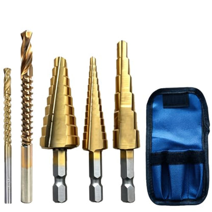 Titanium Coated Step Drill Bit and HSS Twist Drill Bit Set 5pcs,Multi Size （1/8" to 3/4"） for Wood，Sheet Metal，Aluminum and Plastic Hole Drilling Cutting,with Portable Bag for DIY Lovers
