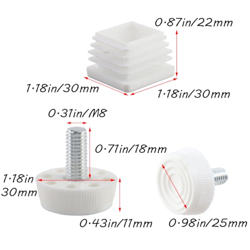 Antrader M8 Thread Adjustable Leveling Feet w 30mm Square Tube Insert,White - color: White,d30xm8, size: 30x30mm