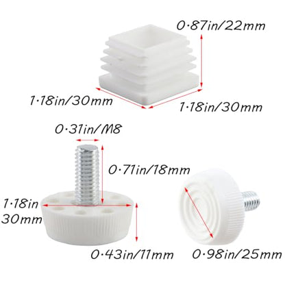 Antrader M8 Thread Adjustable Leveling Feet w 30mm Square Tube Insert,White - color: White,d30xm8, size: 30x30mm