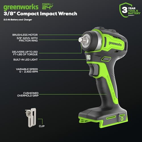 Greenworks 24V 3/8" Brushless Cordless Impact Wrench, 3/8 Inch, 150 ft.-lbs Torque, Lightweight and Compact, with 2.0Ah Battery and Charger, PA147K - style: w/2Ah Battery