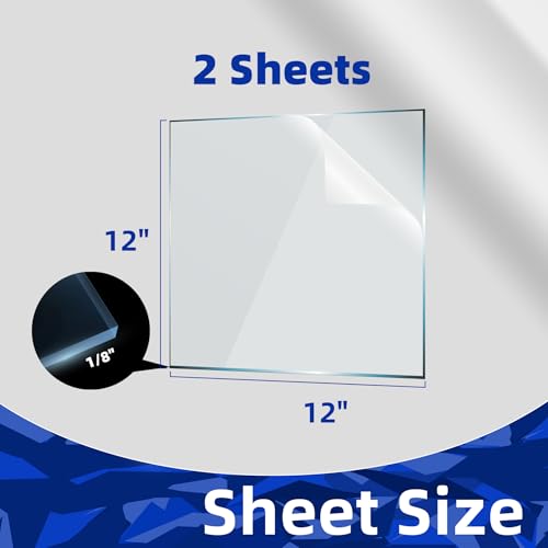 2 Pack 1/8" Thick Plexiglass Sheets - 12" x 12" PET Clear Acrylic Sheets for Art Design, Craft Projects, Signs, DIY in Home, Wedding, Festival,Party, Office - size: 12"x12", 1/8" Thick