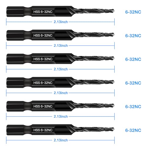 6-Piece 6-32NC Combination Drill Tap Countersink Bit Set SAE, Made of High-Speed Steel with Anti-Rust Blackened Coating, Ideal for Soft Metal, Wood & Plastic, 6-32NC Thread Size, 1/4” Hex Shank - size: 6-32NC