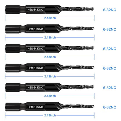 6-Piece 6-32NC Combination Drill Tap Countersink Bit Set SAE, Made of High-Speed Steel with Anti-Rust Blackened Coating, Ideal for Soft Metal, Wood & Plastic, 6-32NC Thread Size, 1/4” Hex Shank - size: 6-32NC