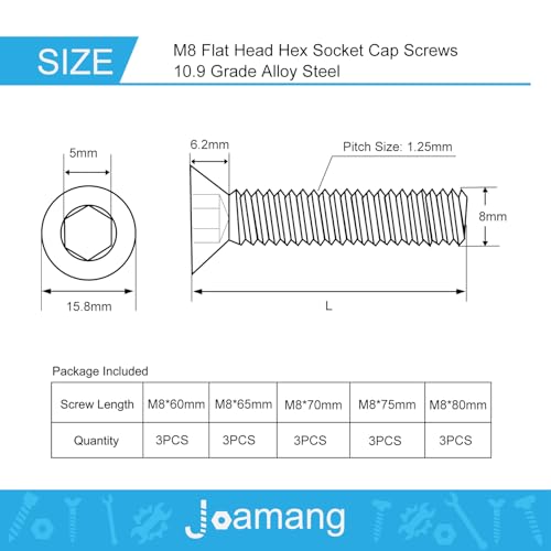 M8 x 60mm 65mm 70mm 75mm 80mm Flat Head Hex Socket Cap Screws Countersunk Bolts, 10.9 Grade Alloy Steel, Black Oxide Finish, Metric Allen Drive, Fully Threaded, Assortment Kit 15Pcs - size: M8x60/65/70/75/80mm