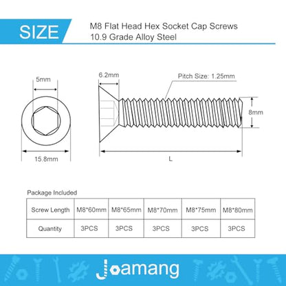 M8 x 60mm 65mm 70mm 75mm 80mm Flat Head Hex Socket Cap Screws Countersunk Bolts, 10.9 Grade Alloy Steel, Black Oxide Finish, Metric Allen Drive, Fully Threaded, Assortment Kit 15Pcs - size: M8x60/65/70/75/80mm