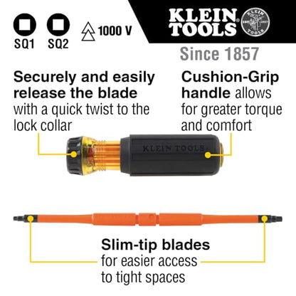 Klein Tools 32287 Insulated Screwdriver, 2-in-1 Screwdriver Set with Flip Blade, #1 and #2 Square Tips, Double-Ended Blades - size: #1 SQ + #2 SQ
