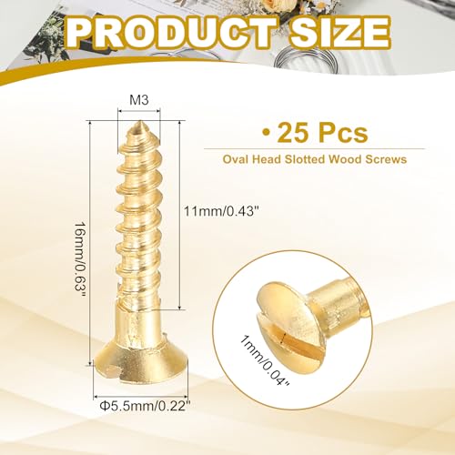 PATIKIL M3 x 16mm Slotted Wood Screw, 25 Pack Solid Brass Oval Head - size: M3x16mm