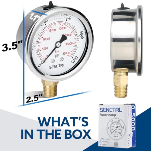 SENCTRL 5000 Psi Glycerin Liquid Filled Hydraulic High Pressure Gauge - size: 0-5000 Psi, style: Lower Mount