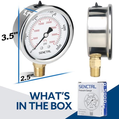 SENCTRL 5000 Psi Glycerin Liquid Filled Hydraulic High Pressure Gauge - size: 0-5000 Psi, style: Lower Mount