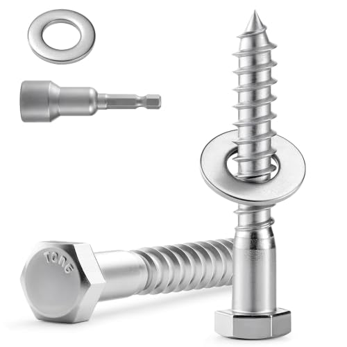 10 Sets 3/8" x 2" Hex Head Lag Screws Bolts with Flat Washers 304 Stainless Steel 18-8 Heavy Duty Lag Screw for Wood, Driver Bit Included - size: 3/8x2 (10sets)