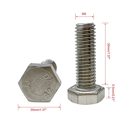 M8 Hex Bolt, M8-1.25 x 35mm Hex Head Screw Bolts, 304 Stainless Steel, Fully Threaded, Plain Finish, Hex Tap Bolts 10Pcs (M8x35mm) - size: M8x35mm