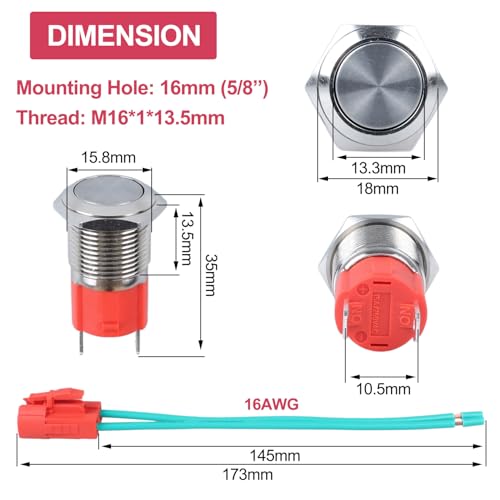 16mm Heavy Duty Momentary Metal Push Button Switch Waterproof Anti-Vandal Large Current 20Amp 12V 24V 110V (ON)-Off 1NO 2 Pins with Pre-Wired Socket for 5/8" Mounting Hole Without LED - color: Silver, size: 16mm Momentary