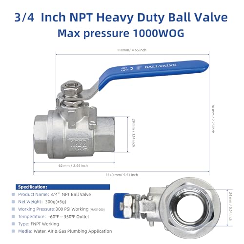 3/4" NPT Ball Valve 2-Pack, 304 Stainless Steel, Full Port - size: 3/4 inch