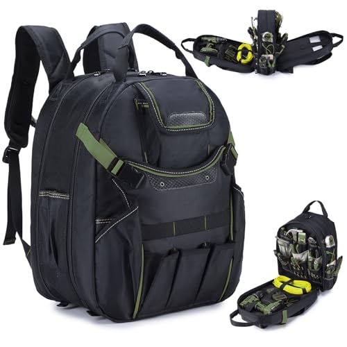 KSIBNW Tool Bag Backpack Waterproof, Heavy Duty Tools Organizer Bag Water Resistant Electrician Backpack Tool Multipurpose Extra-Large Storage Organization Durable with Charging Port, Black and Green - color: Green