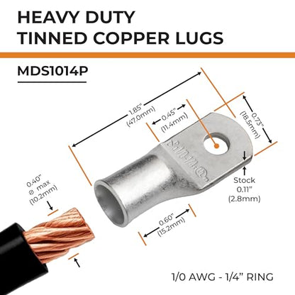 SELTERM 10pcs 1/0 AWG-1/4" Stud Marine Grade Tinned Copper Battery Lugs - color: Tinned Copper Lugs, size: 1/0 Awg - 1/4" (M6) Ring