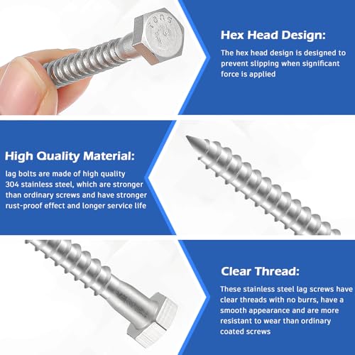 Zonon 100 Pcs 1/4" X 2" 304 Stainless Steel Lag Screw for Wood, Silver - color: Silver, size: 1/4" X 2"