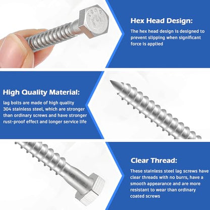 Zonon 100 Pcs 1/4" X 2" 304 Stainless Steel Lag Screw for Wood, Silver - color: Silver, size: 1/4" X 2"
