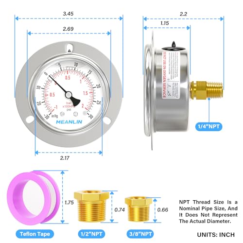 MEANLIN MEASURE -30inHG~30Psi Liquid Filled Pressure Gauge Front Flange Panel Mount, 1/4" NPT 2.5" FACE DIAL Stainless Steel Case with Phillips Screw, Nut and Brass Hex Bushing, +/-3-2-3% - style: ~30~30Psi