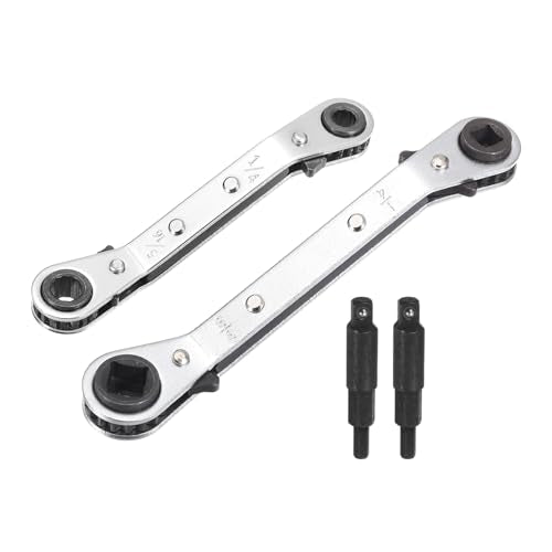 HARFINGTON 4pcs HVAC Service Wrench Set 1/4" 5/16" 3/16" 3/8" 25° 16-Teeth Air Conditioner Valve Reversible Ratchet Wrench with Hexagon Bit Adapter for Refrigeration Equipment Repair, Silver - color: Silver