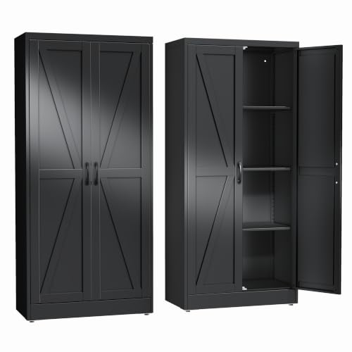 erosoei 63" H Metal Garage Storage Cabinet, Black Metal Pantry Cabinet with 2 Doors, Locker Steel Cabinet with 3 Adjustable Shelves, Freestanding Cupboard for Garage,Office,Home,Gym,School - color: Black, size: 63" NCasNLck-M