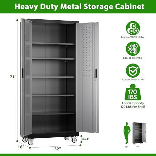 Reemoon 71" H Metal Garage Storage Cabinet with Wheel,Black-Dark Grey - color: Black-dark Grey, size: 16"D x 32"W x 71"H