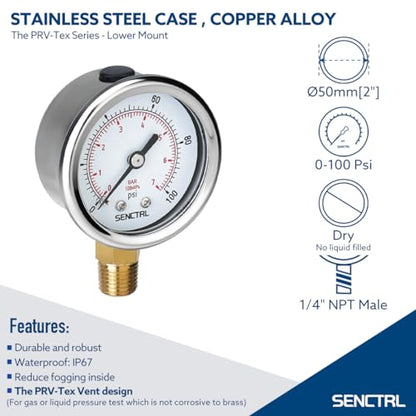 SENCTRL 0-100 Psi Pressure Gauge, 1/4" NPT Lower Mount - size: 0-100Psi, style: Lower Mount