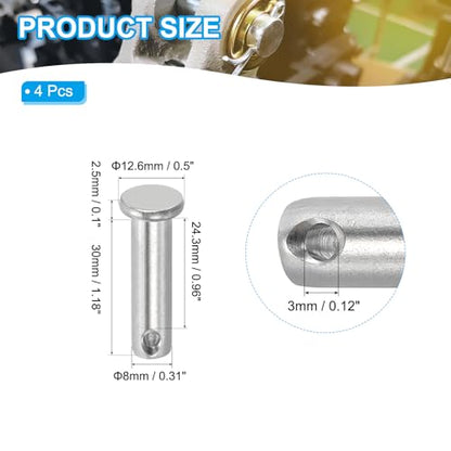 PATIKIL 8 x 30 mm Single Hole Clevis Pins, 4 Pcs 304 Stainless Steel Flat Head Pin for Hitch Pin Lock Link Hinge Systems, Silver - size: 8 x 30 x 24.3 mm