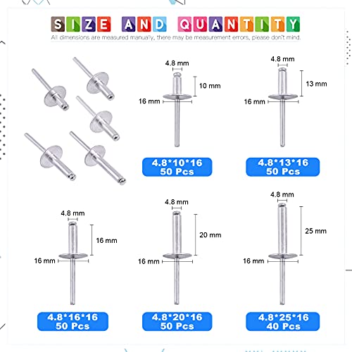 Glarks 240Pcs 3/16" x 3/8'' / 1/2'' / 5/8'' / 3/4'' / 1'' Large Flange Blind Rivets 5 Szie Aluminum Pop Rivets Assortment Set