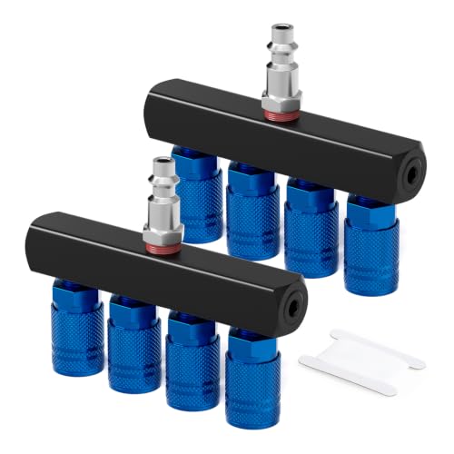 TAISHER 2Pcs 4-Way Straight Air Manifold 5 Ports Aluminum Industrial Pneumatic Air Compressor Quick Connect Socket In Line Type Air Hose Splitter with 4 Couplers and 1/4" Male NPT Plug - size: 1/4" MNPT 2Pcs