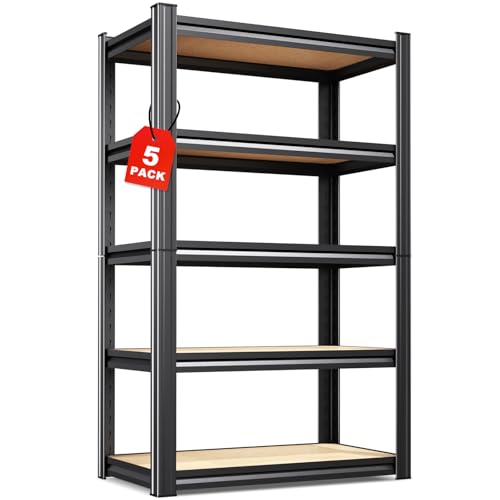 5-Tier Heavy Duty Metal Shelving Units, 71" H x 28" W x 12" D, Adjustable Steel Storage Racks for Garage, Warehouse, Industrial, and Home Organization, 1900 lbs Capacity, 5-Pack - size: 28"Wx12"Dx71.2"H