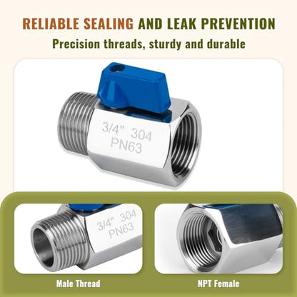 2 Pack 3/4" Mini Ball Valve, 304 Stainless Steel Shut-Off Valve NPT Female x Male Thread Small Valves for Compact Space (2, 3/4 Inch) - color: 3/4 Inch