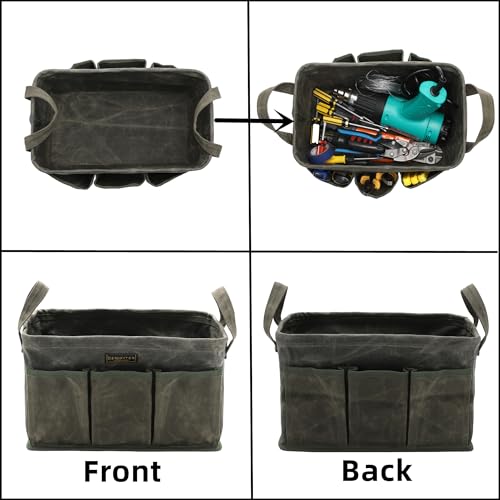 Tool Bag for Organizing, Waxed Canvas Wide Open Top Tool Tote Bag with 6 External Pockets, 13.8 x 7.8 x 7.8 Inches (ArmyGreen) - color: ArmyGreen-Single
