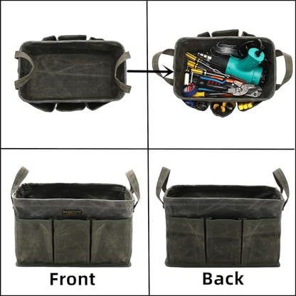 Tool Bag for Organizing, Waxed Canvas Wide Open Top Tool Tote Bag with 6 External Pockets, 13.8 x 7.8 x 7.8 Inches (ArmyGreen) - color: ArmyGreen-Single