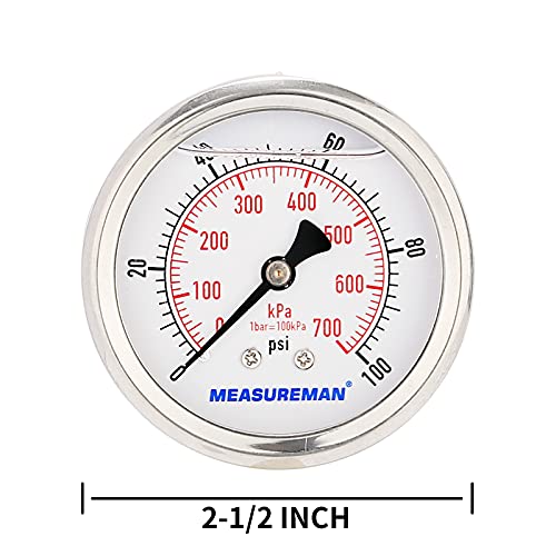 MEASUREMAN 2-1/2inch Dial Size, Glycerin Filled Pressure Gauge, 0-100psi/kpa, 304 Stainless Steel Case, 1/4 Inch NPT Center Back Mount - size: 0-100 psi, style: Back Mount
