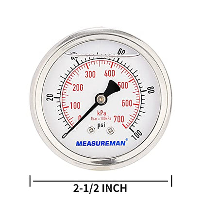 MEASUREMAN 2-1/2inch Dial Size, Glycerin Filled Pressure Gauge, 0-100psi/kpa, 304 Stainless Steel Case, 1/4 Inch NPT Center Back Mount - size: 0-100 psi, style: Back Mount