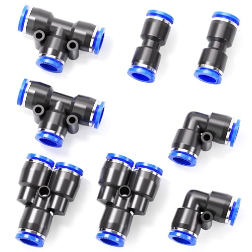 TAILONZ 3/8" Push to Connect Fitting Splitters+Elbows+Tees+Straight 8Pcs - color: Blue, size: 3/8"OD/8PCS