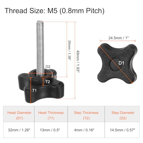 HARFINGTON 6pcs Star Clamping Knobs M5 x 35mm Metric Male Thread 32mm 4-Point Plastic Head Threaded Stud Knob Hand Tightening Thumb Screw Jig Handle, Black - size: M5 x 35mm x 32mm