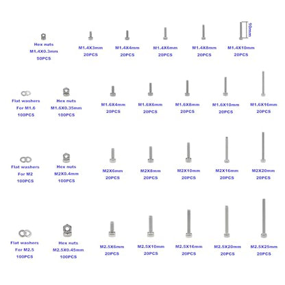 1050PCS M1.4-M2.5 304 SS Socket Head Cap Screws Nuts Flat Washers Kit