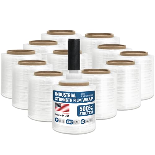 5” x 1000’ Stretch Wrap Mini 12 Rolls with Handle – Clear Plastic Stretch Film 80 Gauge, 500% Elongation, Heavy Duty Shrink Wrap for Moving, Packing & Shipping - style: Pack of 12