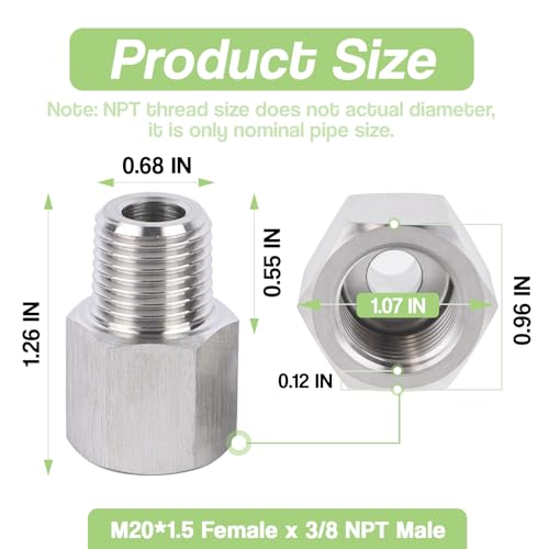 Stainless Steel M20*1.5 Female x 3/8" NPT Male Adapter Pressure Gage - size: M20*1.5 Female x 3/8" Male NPT