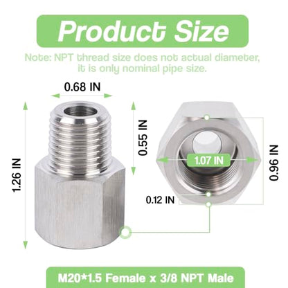 Stainless Steel M20*1.5 Female x 3/8" NPT Male Adapter Pressure Gage - size: M20*1.5 Female x 3/8" Male NPT