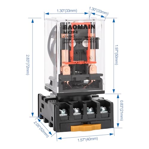 BAOMAIN MK2P-I 220VAC Coil DPDT 8-Pin Power Relay with DIN Rail Socket