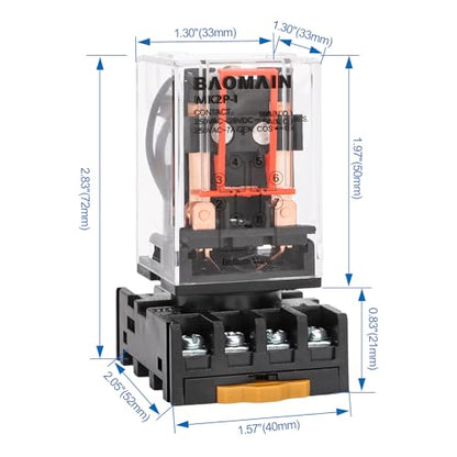 BAOMAIN MK2P-I 220VAC Coil DPDT 8-Pin Power Relay with DIN Rail Socket