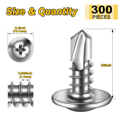 Mywish 300pcs #8×1/2" Self Tapping Screws for Metal, Sheet Metal Screws 410 Stainless Steel Truss Head Self Drilling Screws High-Strength Quick Tapping Screws - color: Silver, size: #8x1/2" (300 pcs)