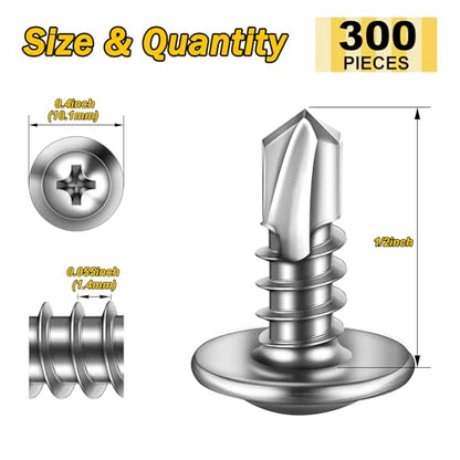 Mywish 300pcs #8×1/2" Self Tapping Screws for Metal, Sheet Metal Screws 410 Stainless Steel Truss Head Self Drilling Screws High-Strength Quick Tapping Screws - color: Silver, size: #8x1/2" (300 pcs)