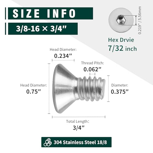 3/8-16 x 3/4" Flat Socket Head Cap Screws, 304 Stainless Steel 18-8, Full Thread, Countersunk Hex Drive Machine Screws, 10-Pack - size: 3/8-16 x 3/4"