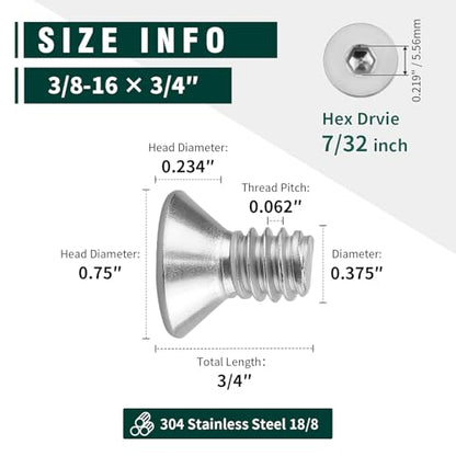 3/8-16 x 3/4" Flat Socket Head Cap Screws, 304 Stainless Steel 18-8, Full Thread, Countersunk Hex Drive Machine Screws, 10-Pack - size: 3/8-16 x 3/4"
