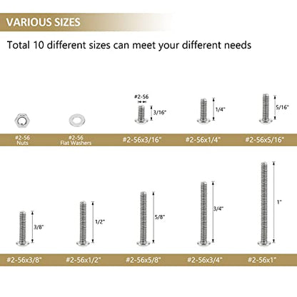 252 Pieces #2-56 x 3/16", 1/4", 5/16", 3/8", 1/2", 5/8", 3/4", 1", Button Head Socket Cap Screws Nuts Washers Assortment Kit, 304 Stainless Steel, Fully Machine Thread - size: #2-56, style: Button Head